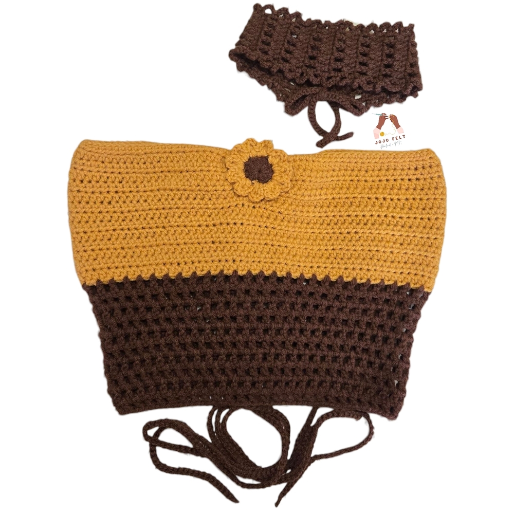 Yellow/Brown Handmade Crochet Sunflower Top with Ruffle Headband, Adult, OFFERS